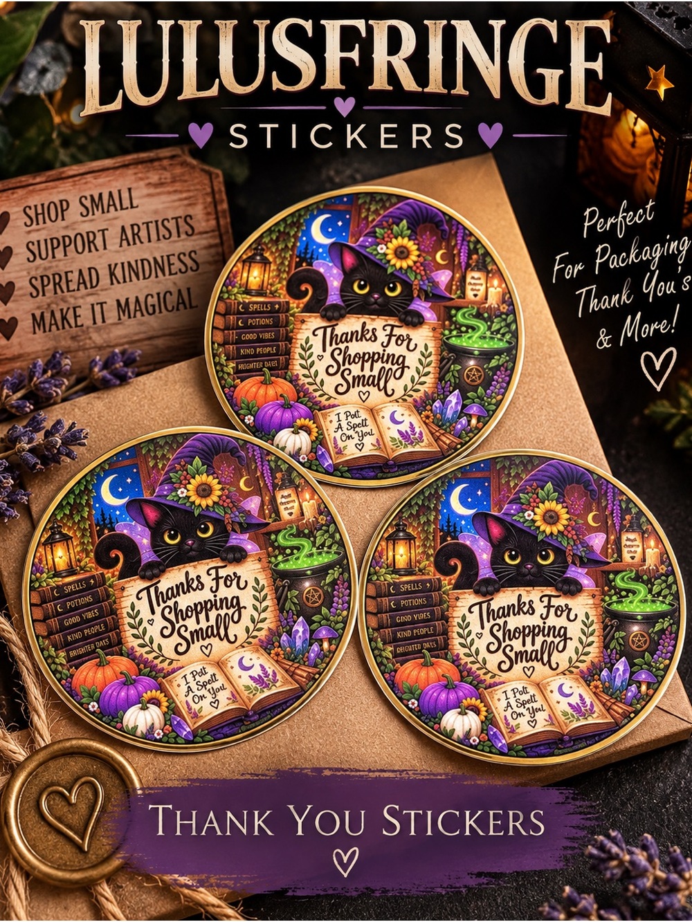 24/$15 Artisan Halloween Black Cat Thank You Stickers - Small Business Packaging